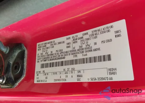 2019 Ford F-150 Xl из США, поврежденный, VIN 1FTMF1CBXKKD80040